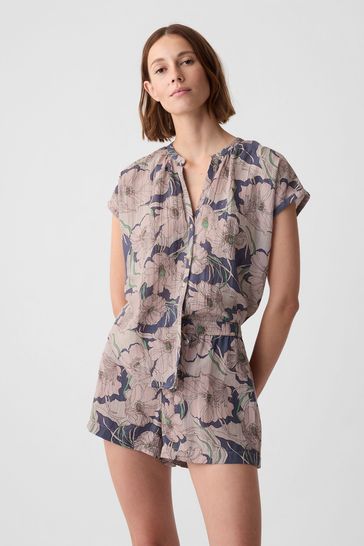 Buy Blue Floral Crinkle Cotton Short Sleeve Pyjama Top from the 