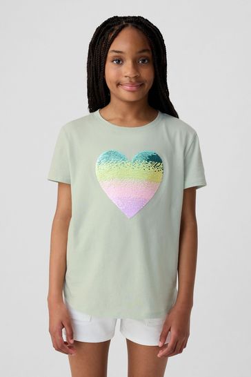 Green Heart Cotton Flippy Sequin Graphic Short Sleeve T Shirt 4 13yrs