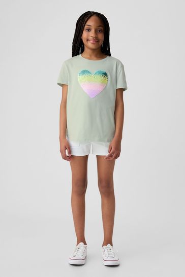 Green Heart Cotton Flippy Sequin Graphic Short Sleeve T Shirt 4 13yrs