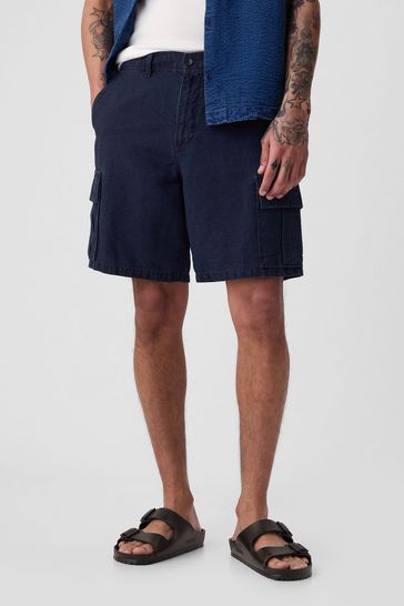 Blue Linen Cotton Cargo Shorts