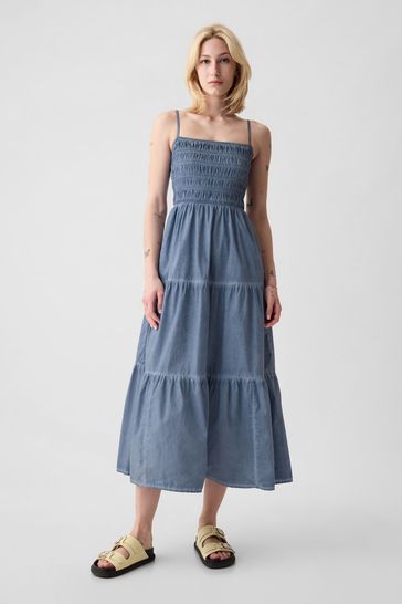 Blue Cotton Smocked Tiered Midi Dress