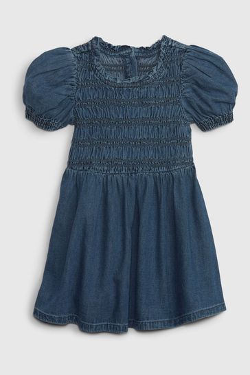 Blue Puff Sleeve Smocked Denim Dress with Washwell