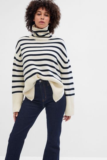 White/Navy Relaxed Stripe Turtle Neck Tunic Jumper