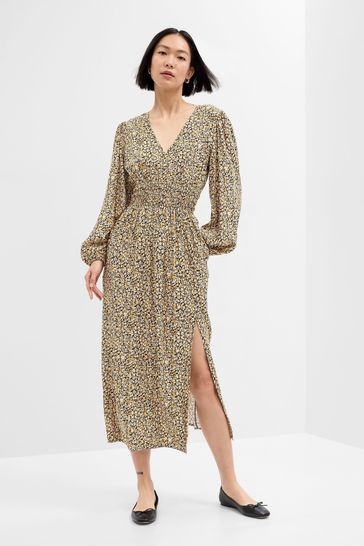 Gap Black Smocked V Neck Long Sleeve Maxi Dress