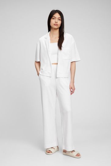 White Towel Terry High Rise Pull-On Trousers