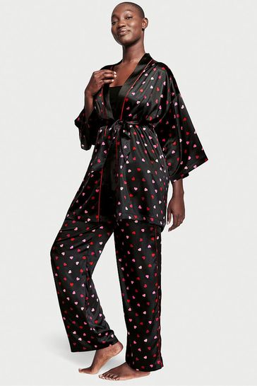 Victoria's Secret Black Hearts Satin 3 Piece Pyjama Set