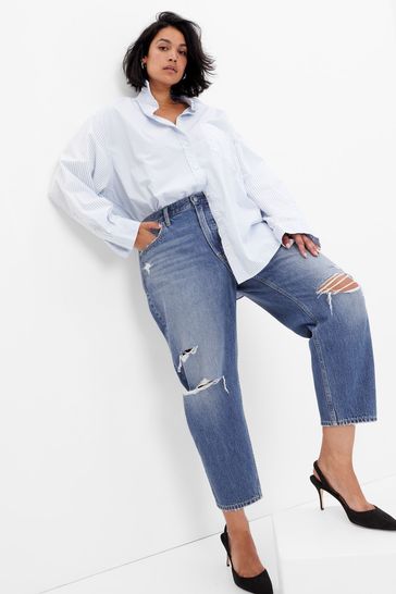 Mid Wash Blue High Waisted Ripped Mom Jeans