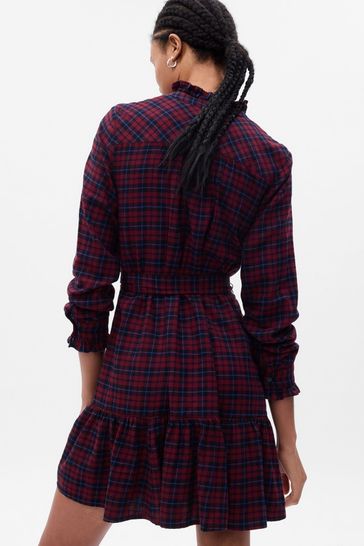Gap Berry Red Tiered Ruffle Long Sleeve Check Mini Dress