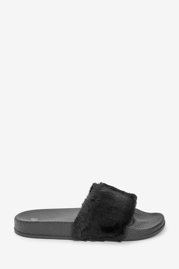 Black Faux Fur Slides