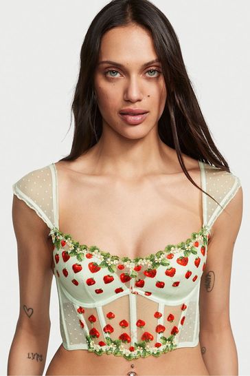 Victoria's Secret Pale Green Corset Strawberry Embroidered Bra