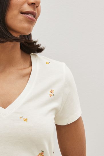 Gap White Floral Favourite Short Sleeve V Neck T Shirt