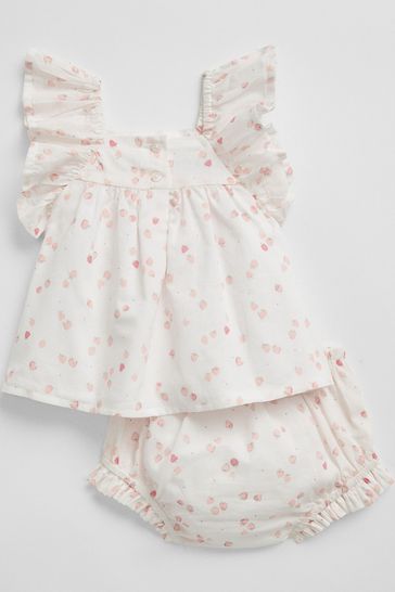 Gap White Strawberry Print Ruffle Short Sleeve Baby Dress Set