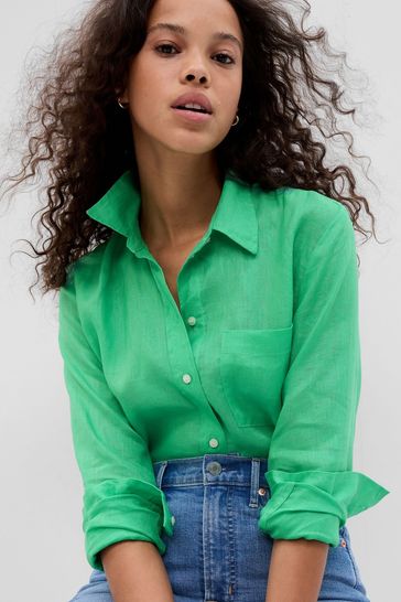 Green linen shirt womens discount