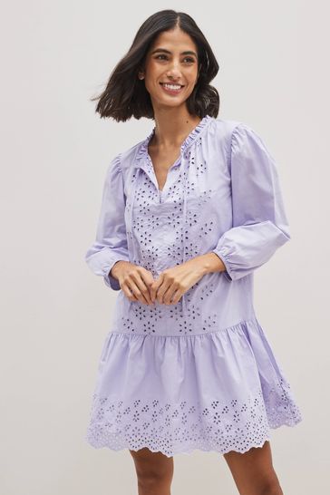 Gap Blue Broderie Round Neck Long Puff Sleeve Mini Dress