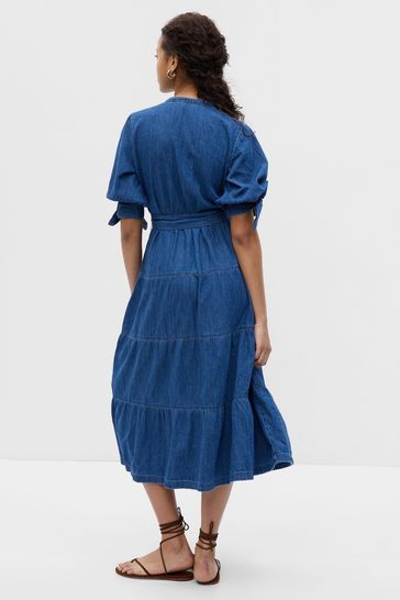 Gap Blue Denim Mid Sleeve Tiered Midi Dress