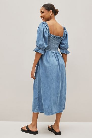 Buy Gap Puff Sleeve Square Neck Denim Midi Dress from the Gap