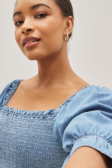 Buy Gap Puff Sleeve Square Neck Denim Midi Dress from the Gap