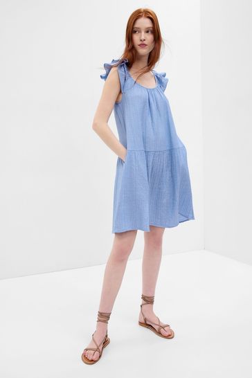 Blue Crinkle Gauze Mini Dress