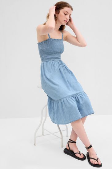 Buy Gap Smocked Denim Midi Dress from the Gap online shop