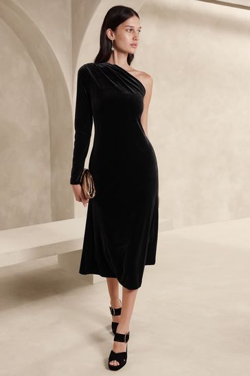 One shoulder black velvet dress sale