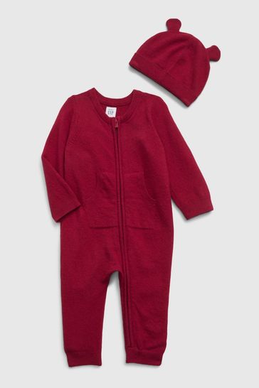 Red CashSoft Long Sleeve Baby Sleepsuit & Matching Hat