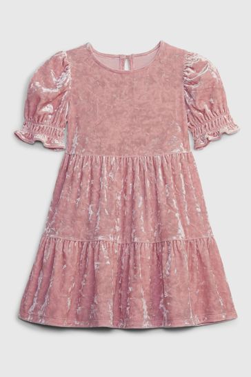 Pink Tiered Velvet Short Sleeve Dress