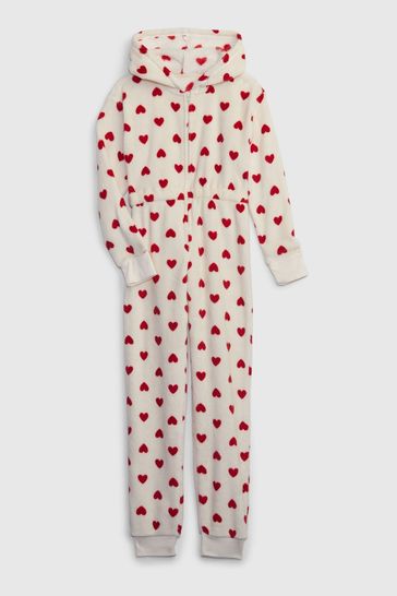 White and Red Fleece Heart Print Hooded Sleepsuit (6-13yrs)