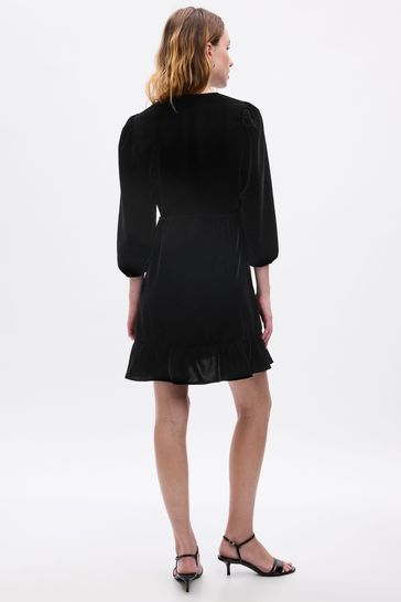 Gap Black Velvet V Neck Wrap Mini Dress