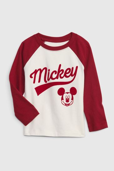 Red/White Disney Organic Cotton Mickey Mouse Graphic Long Sleeve T-Shirt (12mths-5yrs)