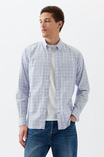 Blue Stretch Standard Fit Long Sleeve Poplin Shirt