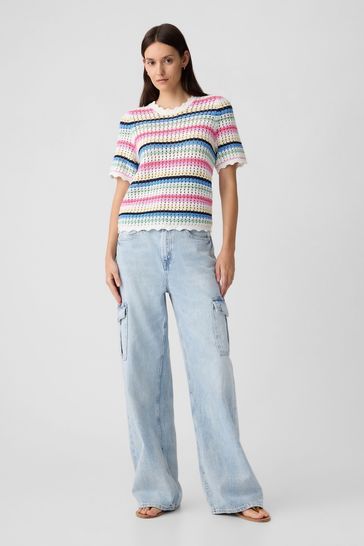 Cream Stripe Crochet Short Sleeve Knit T-Shirt