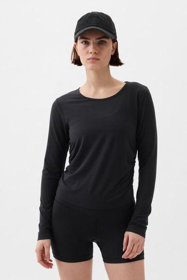 Black Breathe Ruched Cropped Long Sleeve Crew Neck T-Shirt