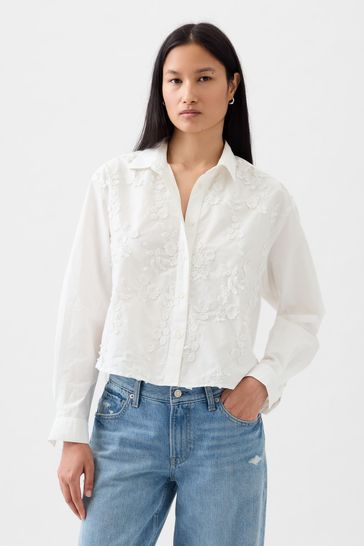 White Floral Embroidered Cropped Shirt