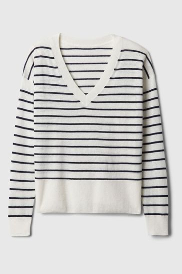 Black White Linen Blend V Neck Split Hem Jumper