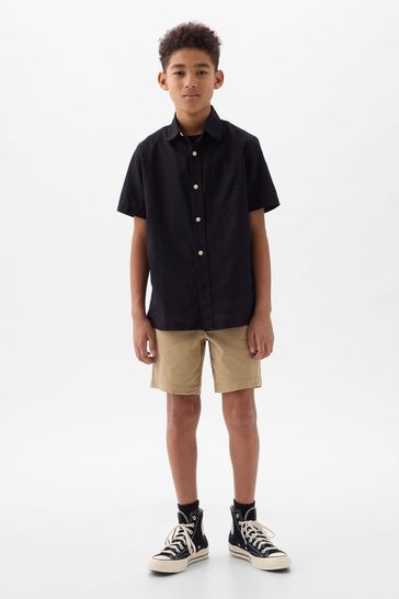 Black Short Sleeve Linen Cotton Shirt (4-13yrs)