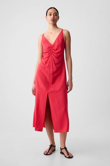 Red Ruched Slip Midi Dress