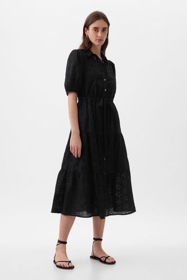 Gap Black Eyelet Tie Waist Tiered Midi Dress