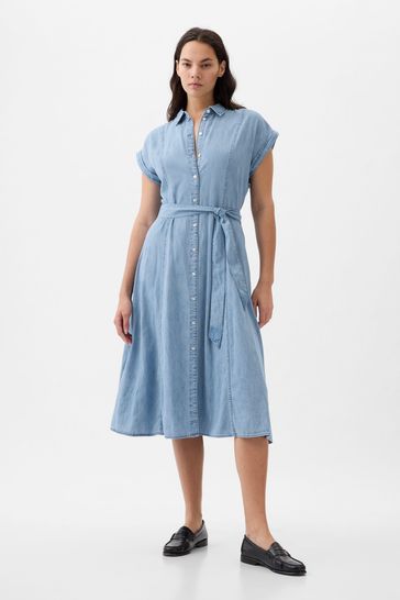 Blue Denim Tie Waist Midi Shirt Dress