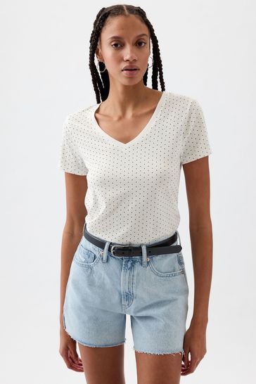 White Polka Dot Favourite Short Sleeve V Neck Print T-Shirt