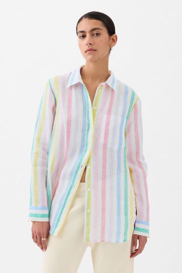 White and Mutli Stripe Linen Long Sleeve Oversized Shirt