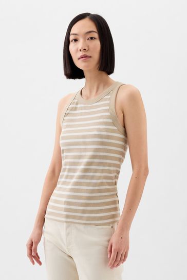 Neutral Ribbed Stripe High Neck Tank Top