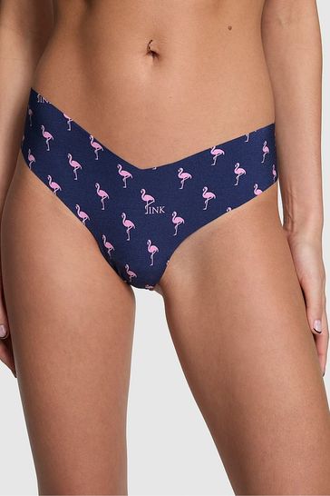 Victoria's Secret PINK Midnight Navy Blue Flamingos Thong No Show High Leg Knickers