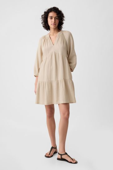 Beige Crinkle Cotton Long Sleeved Tiered Mini Dress