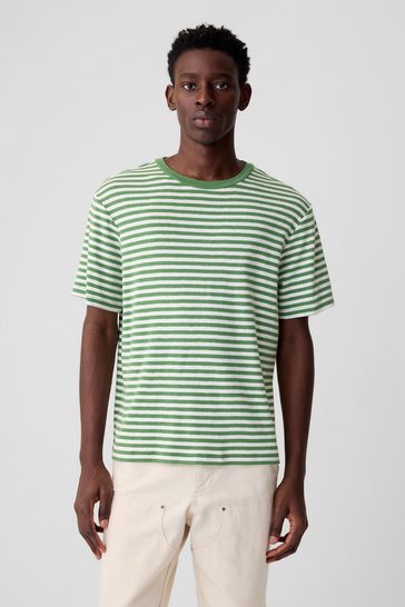 Green Short Sleeve Crew Neck Stripe T-Shirt