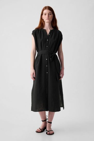 Black Crinkle Cotton Belted Midi Shirt Dress