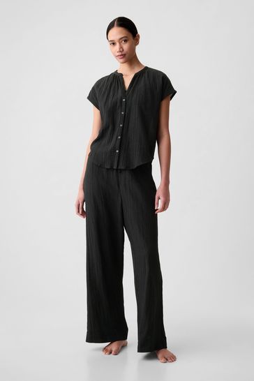 Black Crinkle Cotton Short Sleeve Pyjama Top