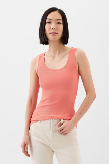 Coral Pink Ribbed Scoop Neck Thick Strap Vest