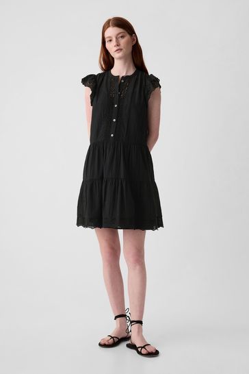 Black Crinkle Cotton Crochet Mini Dress