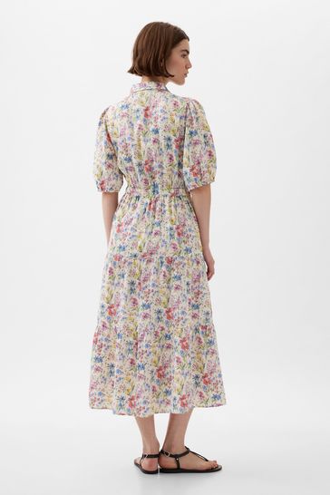 Gap Neutral Puff Sleeve Floral Midi Dress