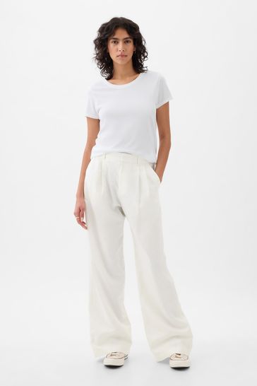 White High Waisted Linen Cotton Trousers
